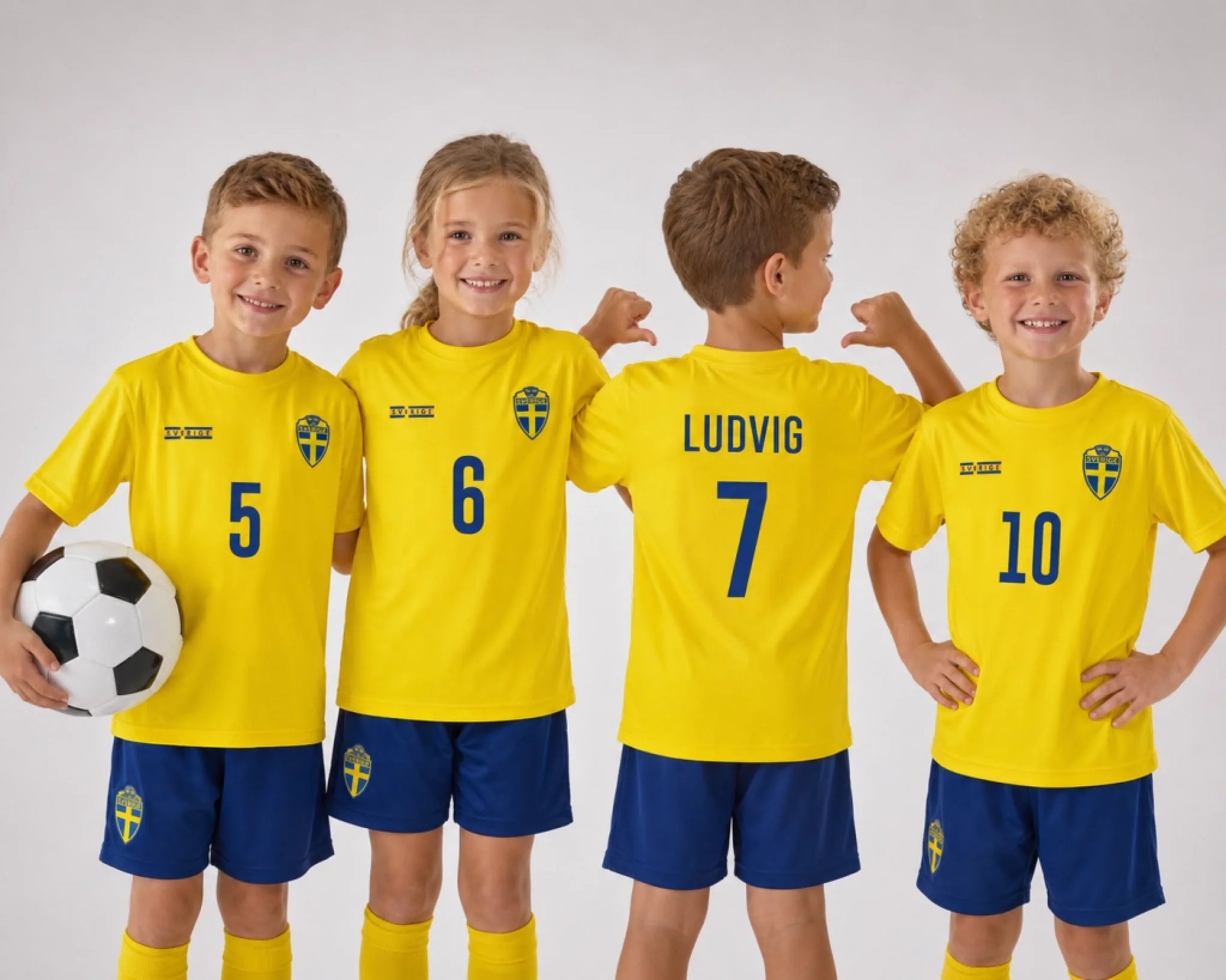Four children wearing yellow sweden soccer jerseys with own nsme print.  blue shorts, posing against a white background.