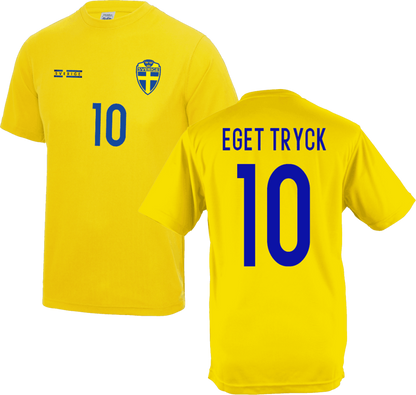Yellow sports jersey with blue numbering and text on a white background