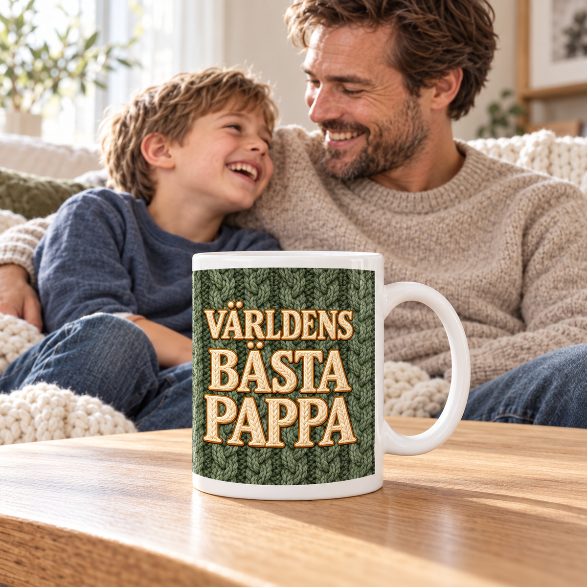 Världens bästa Pappa – Mugg med olivgrönt stickat motiv, 11 oz | Cosy Moments