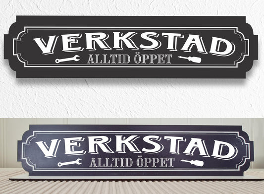 Verkstad svart skylt - Verkstadskylt med stativbas 35x80mm