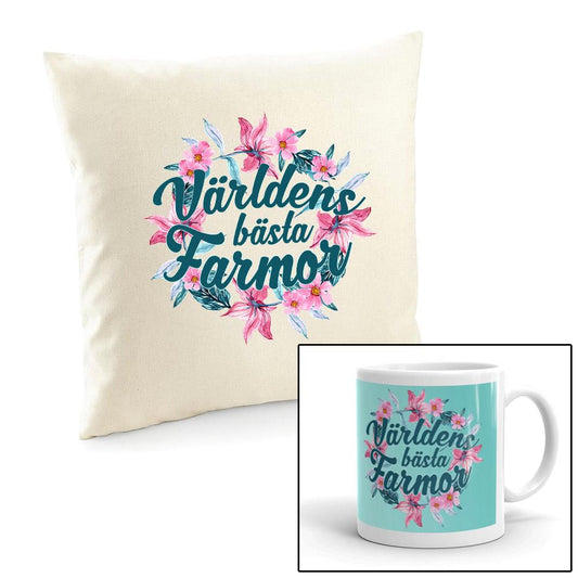 Världens bästa Farmor kuddfodral & mugg paket Blom