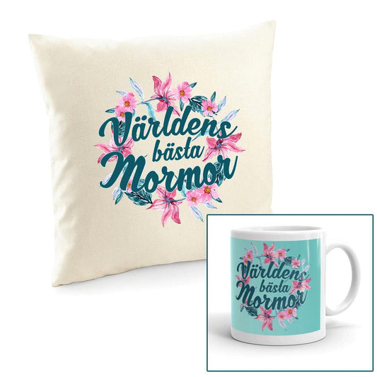 Världens bästa mormor kuddfodral & mugg paket Blom