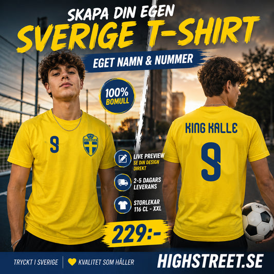 Skapa Din Egen Sverige T-shirt – Eget Namn & Nummer | Gul Bomullströja