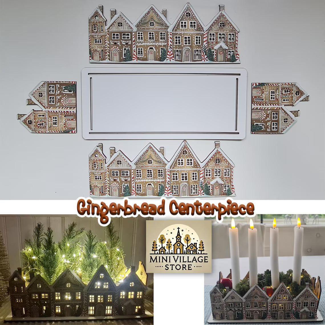 Pepparkakshus bordsdekoration Juligt centerpiece, utskurna fönster för LED-ljus