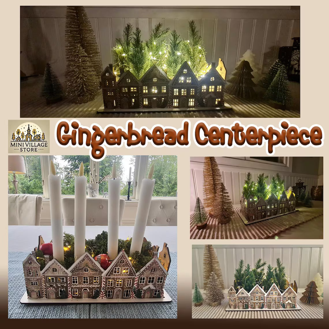 Pepparkakshus bordsdekoration Juligt centerpiece, utskurna fönster för LED-ljus