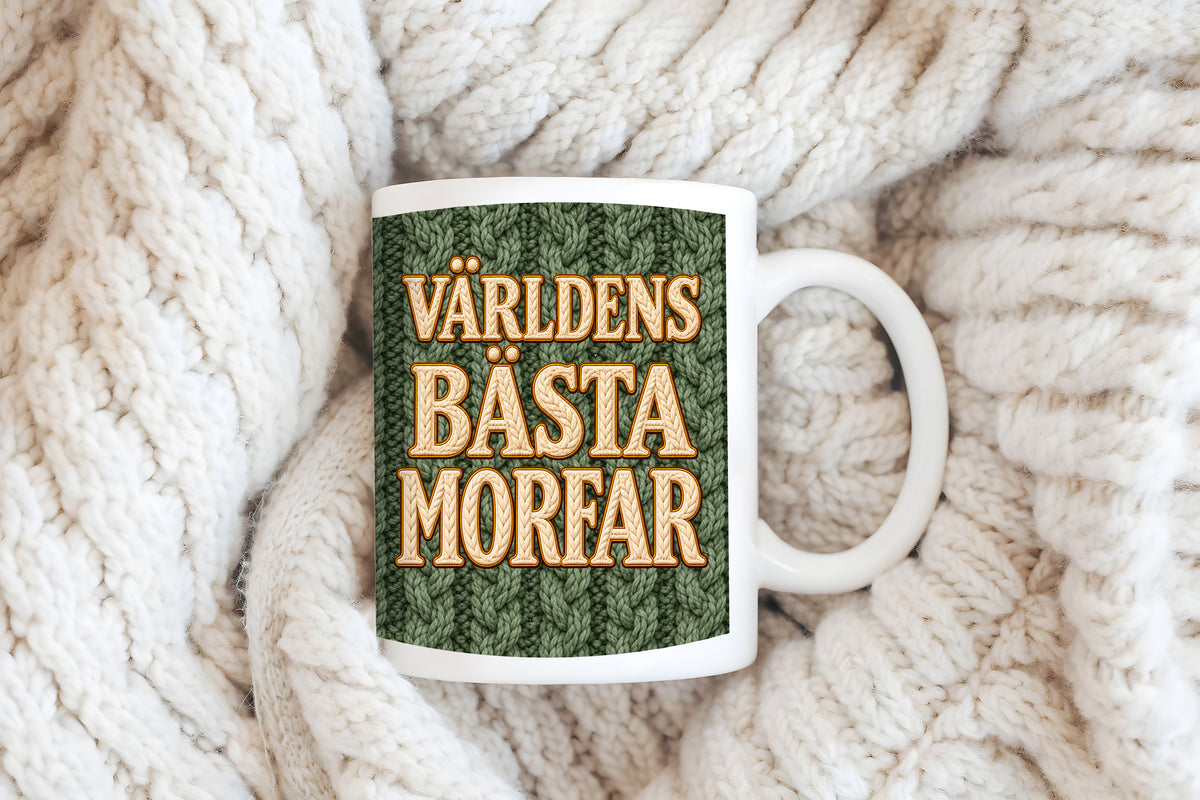 Världens bästa Morfar – Mugg med olivgrönt stickat motiv, 11 oz | Cosy Moments