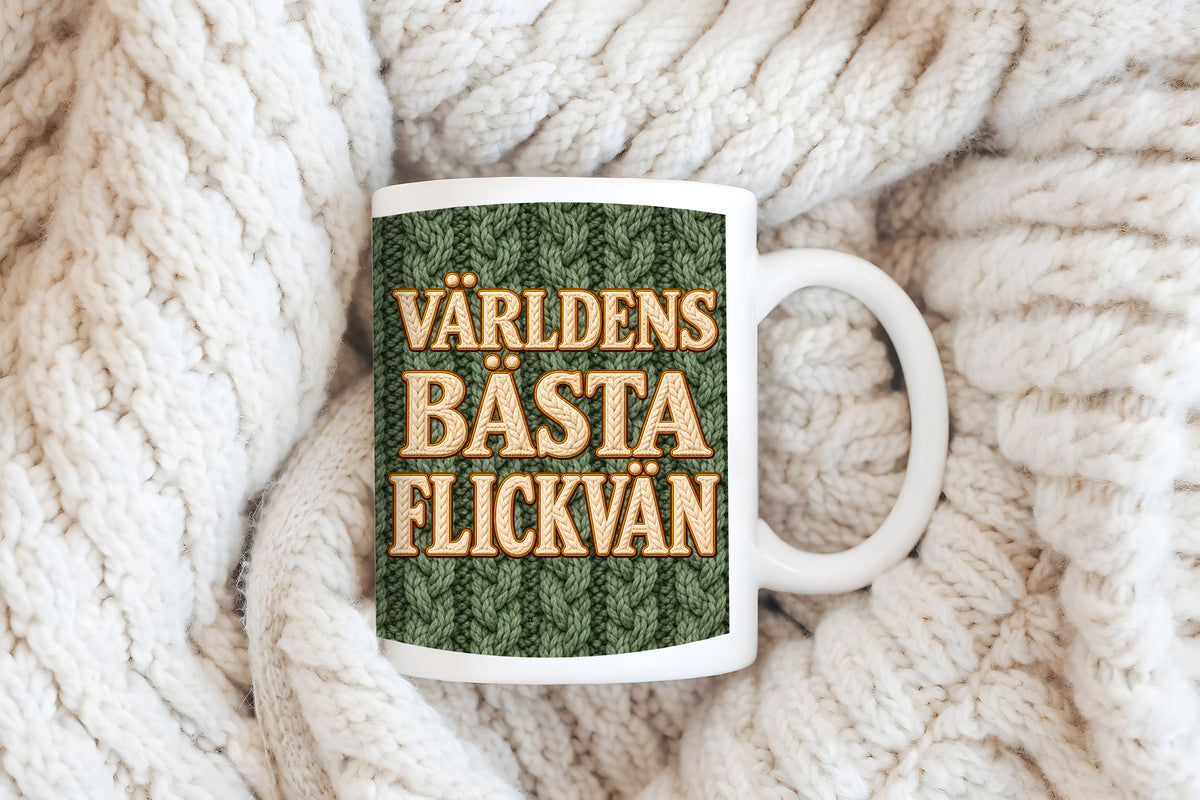 Världens bästa Flickvän – Mugg med olivgrönt stickat motiv, 11 oz | Cosy Moments