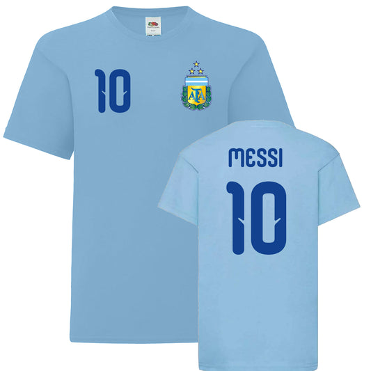 Light blue t-shirt with number 10 and 'Messi' on a white background