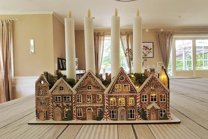 Pepparkakshus bordsdekoration Juligt centerpiece, utskurna fönster för LED-ljus