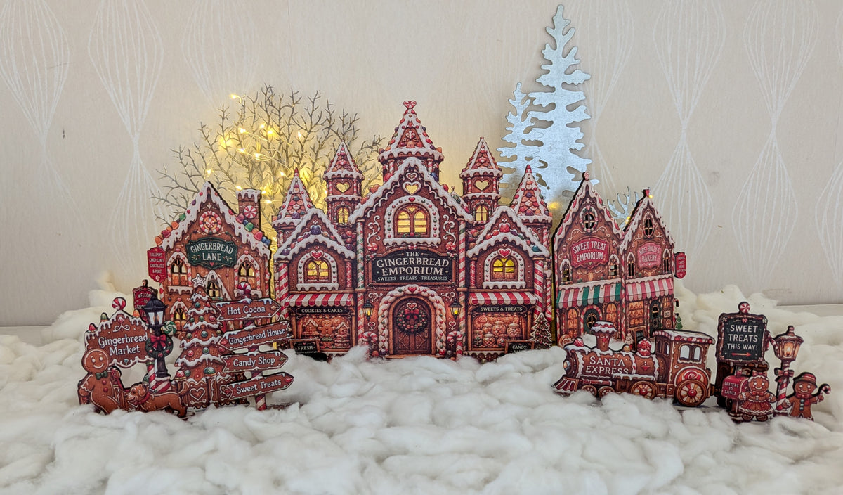 Gingerbread Story Street julby – LED-förberedd pepparkaksby, upp till 72 cm