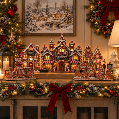 Gingerbread Story Street julby – LED-förberedd pepparkaksby, upp till 72 cm