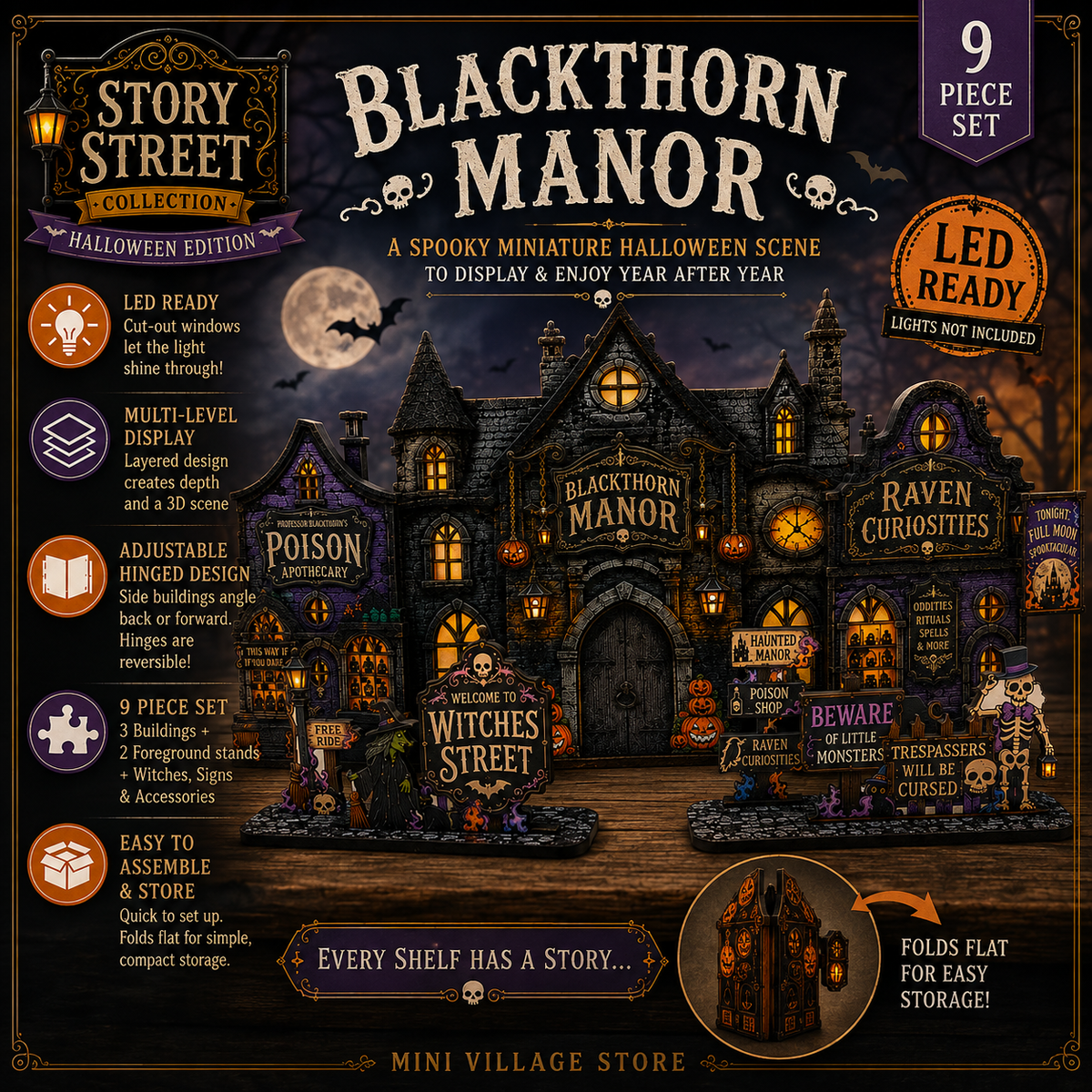 Blackthorn Manor – Halloweenby med LED-fönster | Story Street Collection – 9 delar