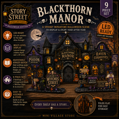 Blackthorn Manor – Halloweenby med LED-fönster | Story Street Collection – 9 delar