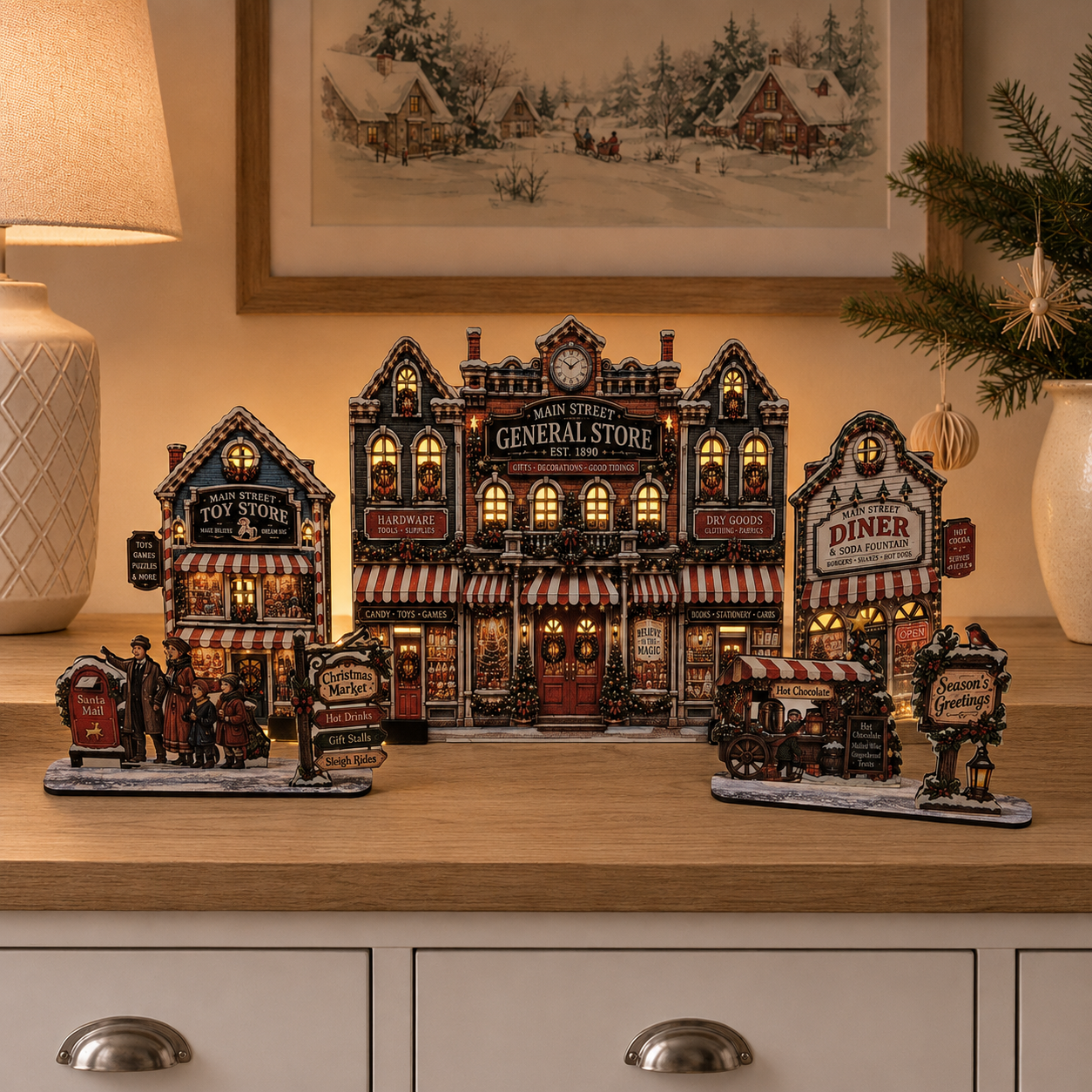 A Christmas village set of miniature building models, including a central 'General Store' and surrounding shops, displayed on a wooden cabinet in a warmly lit room.