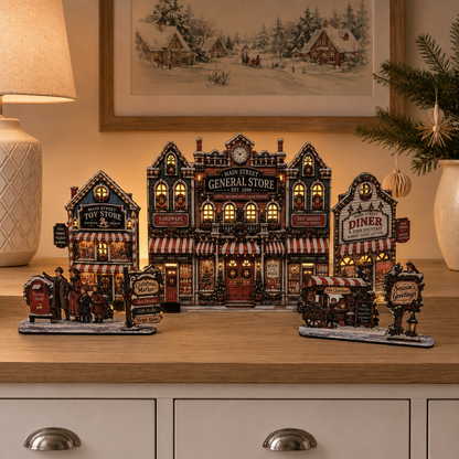 A Christmas village set of miniature building models, including a central 'General Store' and surrounding shops, displayed on a wooden cabinet in a warmly lit room.
