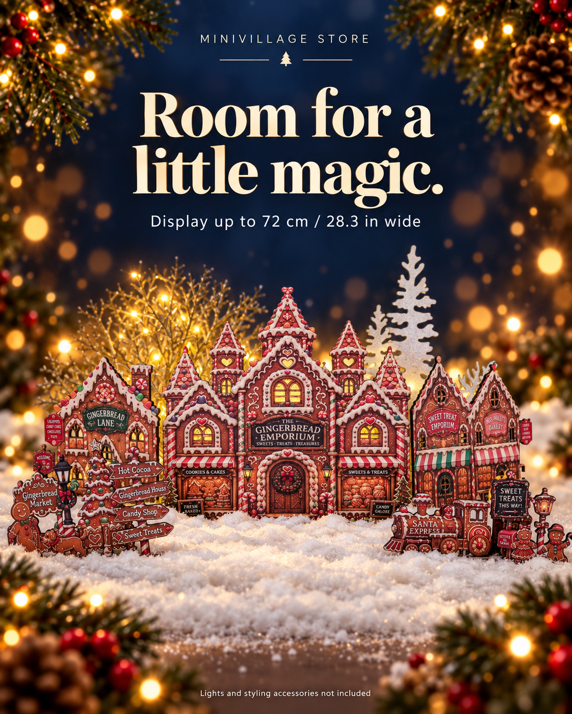 Gingerbread Story Street julby – LED-förberedd pepparkaksby, upp till 72 cm