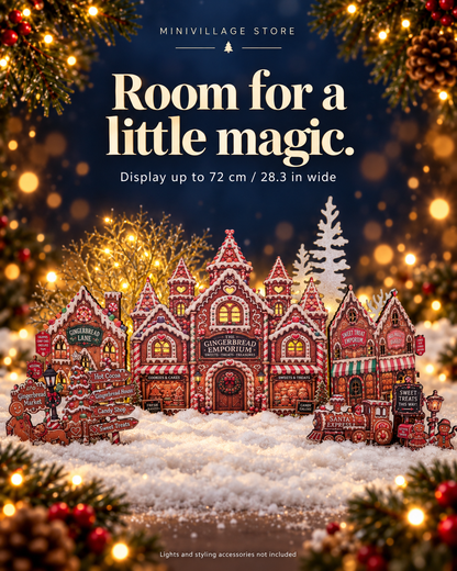 Gingerbread Story Street julby – LED-förberedd pepparkaksby, upp till 72 cm