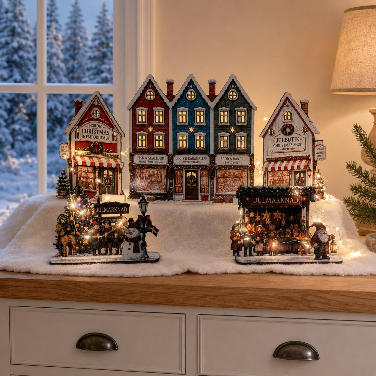 A set of decorative Christmas village figurines displayed on a white faux-fur surface on a wooden cabinet in a warmly lit room. The set includes three tall colorful townhouse buildings with lit windows and two smaller storefronts with holiday figures, trees, and lights.