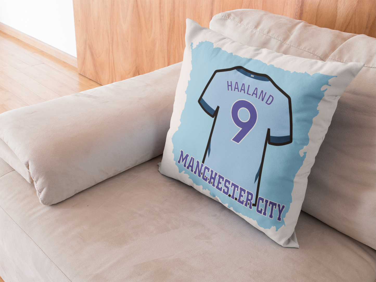 kuddfodral with Manchester City fotbollströja design featuring 'Haaland' and number '9'