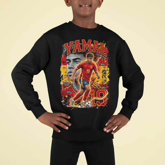Yamal Inspirerad Sweatshirt – Spanien Stil | Svart Sweatshirt med Färgstarkt Fronttryck | Barn & Vuxen