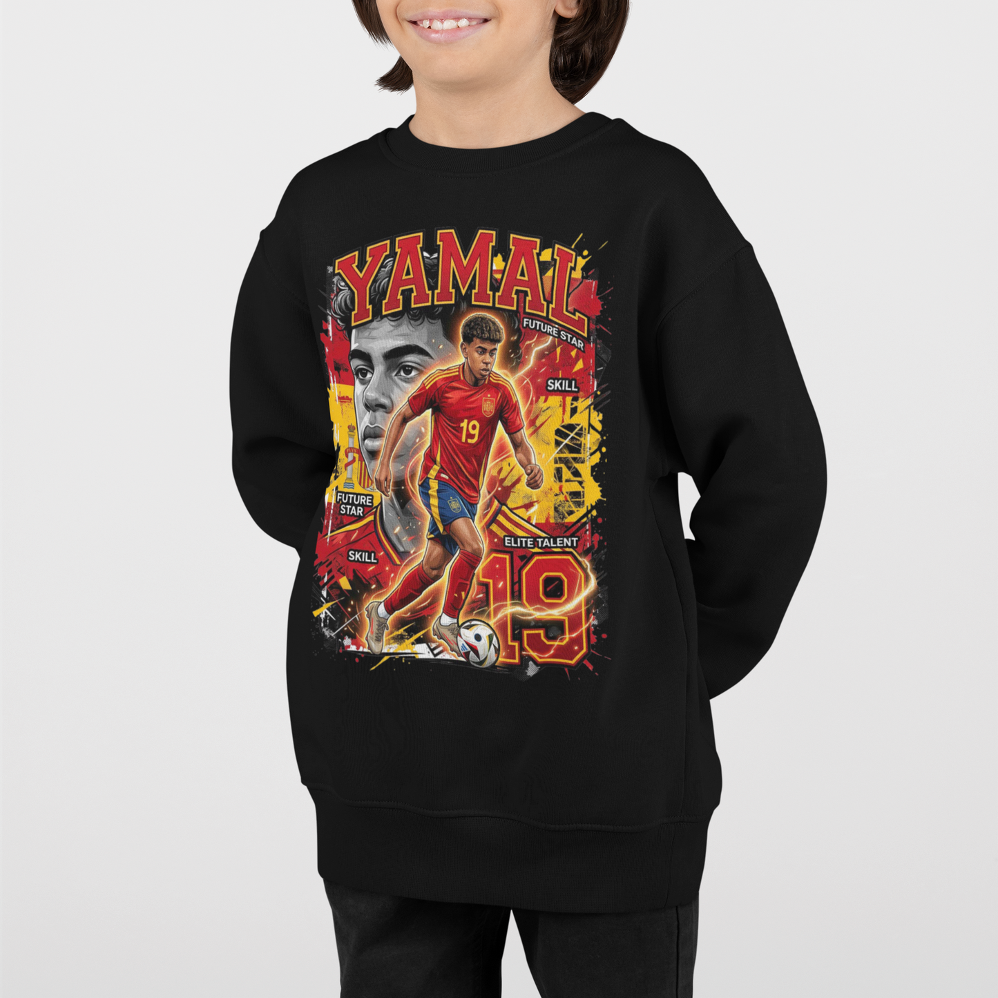 Yamal Inspirerad Sweatshirt – Spanien Stil | Svart Sweatshirt med Färgstarkt Fronttryck | Barn & Vuxen