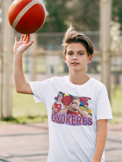 Arsenal fan holding a basketball outdoors on a court, wearing a gyokeres white t-shirt with graphics and text.