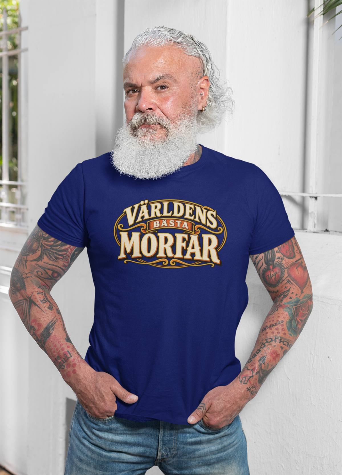 Världens bästa morfar – Marinblå T-shirt med modern retrologga