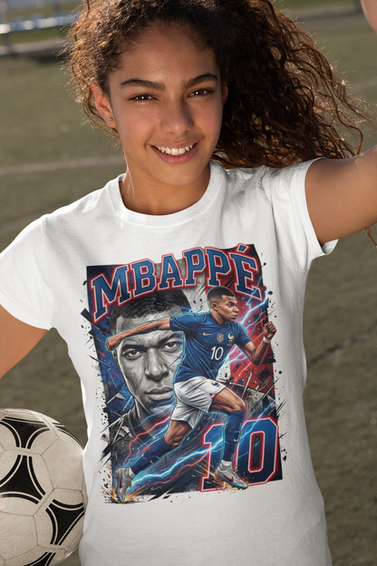 France - Mbappe polyester T-shirt with print front and back. Vibrant sublimation print on a white Sports shirt. Mbappe 10 on the back.