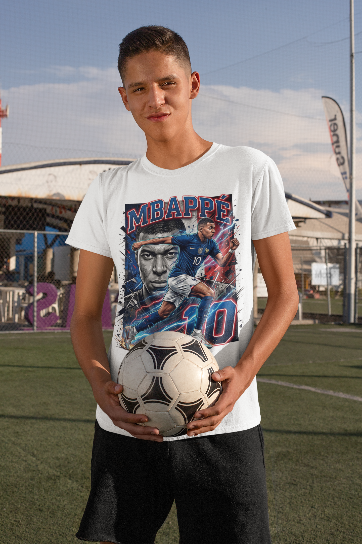 France - Mbappe polyester T-shirt with print front and back. Vibrant sublimation print on a white Sports shirt. Mbappe 10 on the back.