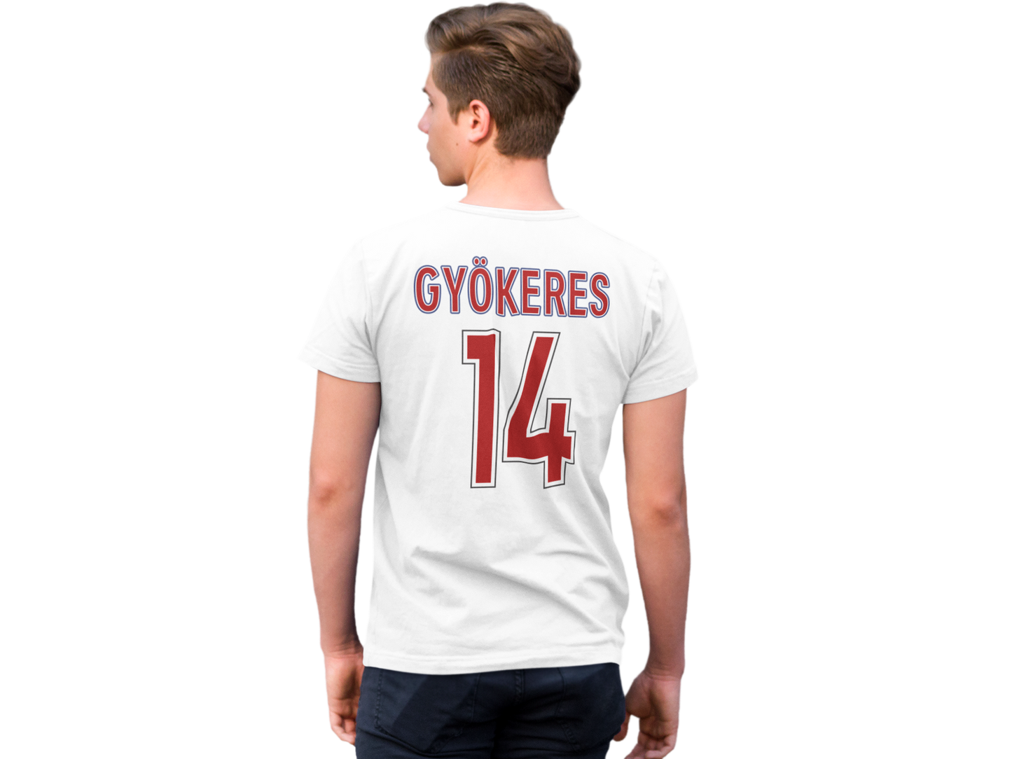 Person wearing a arsenal white sports jersey with gyökeres 14 on the back, on a white background