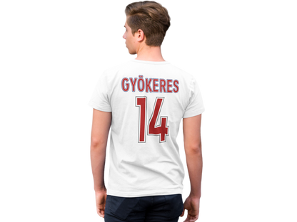 Person wearing a arsenal white sports jersey with gyökeres 14 on the back, on a white background