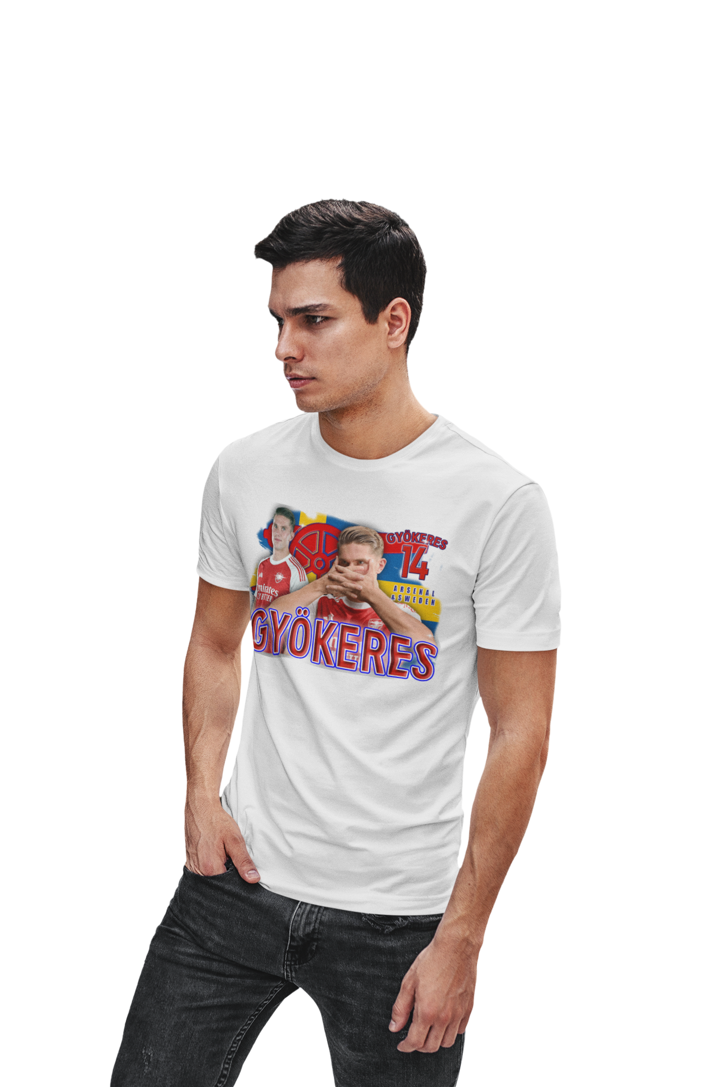Man wearing a white gyökeres t-shirt with a graphic design on a white background