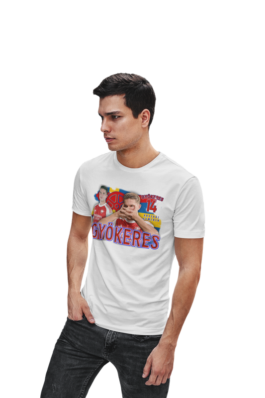 Man wearing a white gyökeres t-shirt with a graphic design on a white background