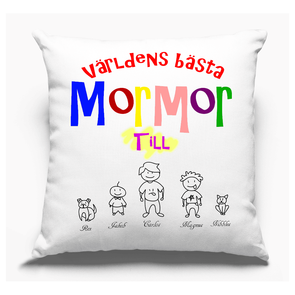 Mormor personligt kuddfodral med eget barnbarn familj design