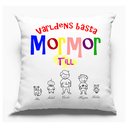 Mormor personligt kuddfodral med eget barnbarn familj design