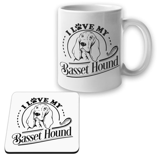 Basset Hound Mugg + Underlägg paket I Love hund set