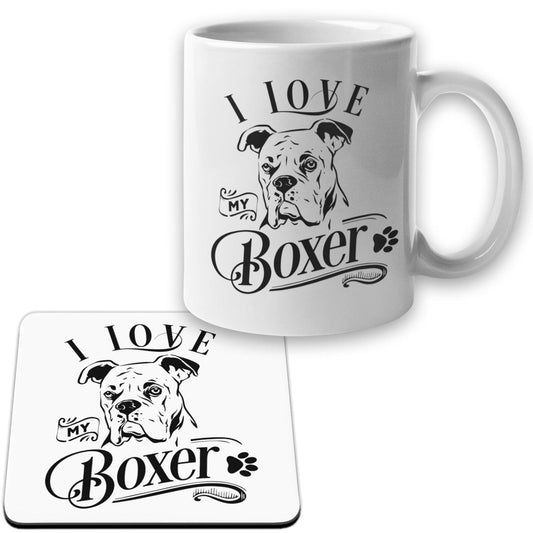 Boxer Mugg + Underlägg paket I Love hund set