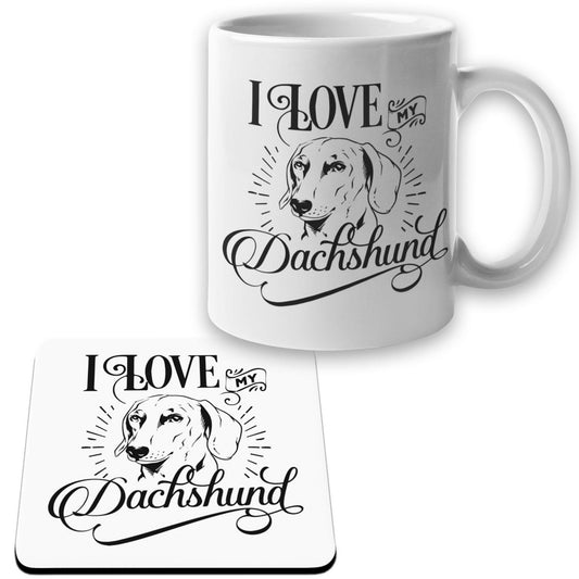 Dachshund Mugg + Underlägg paket I Love Tax hund set