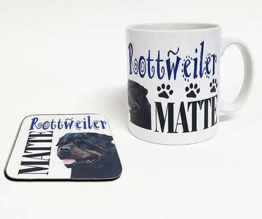 Mugg + Underlägg med tryck Rottweiler Matte hund design