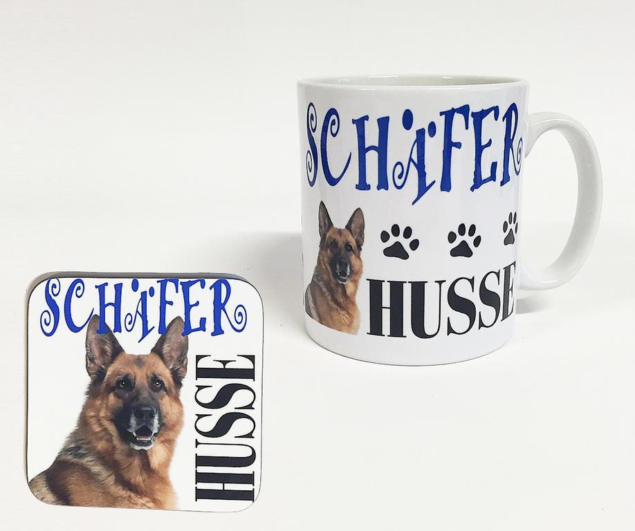 Mugg + Underlägg med tryck Schäfer husse hund design