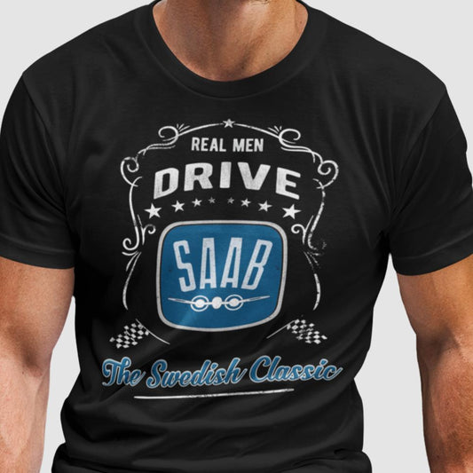 Saab T-shirt svart vintage stil Real men drive saab t-tröja - Highstreet.se