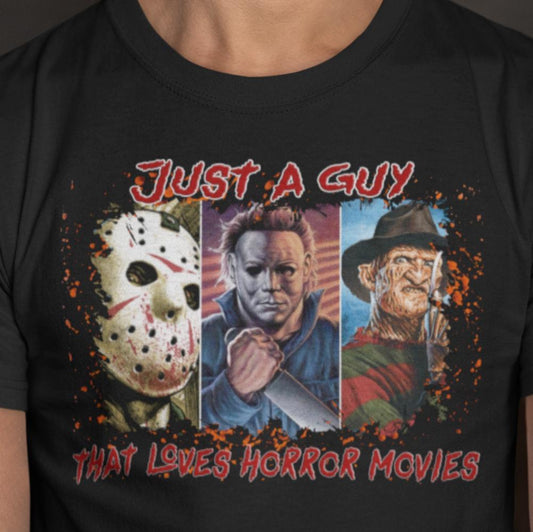 Svart T-shirt Just a guy who loves horror skräckfilm halloween - Highstreet.se