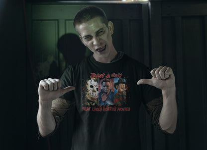 Svart T-shirt Just a guy who loves horror skräckfilm halloween - Highstreet.se
