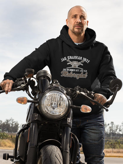 Svart huvtröja med motorcykel design.  Jag snarkar inte